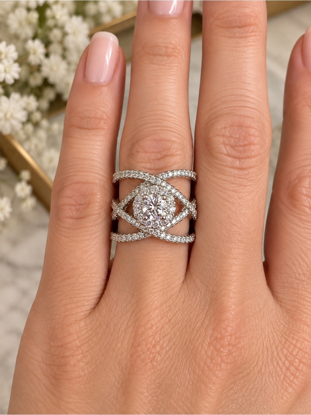 Moissanite Statement Ring – Silver Plated – Size 7 – Crisscross Halo Design